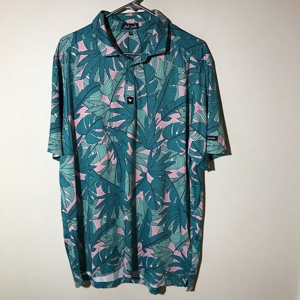 Bad Birdie mens 2XL green pink tropical print short sleeve polo golf shirt
